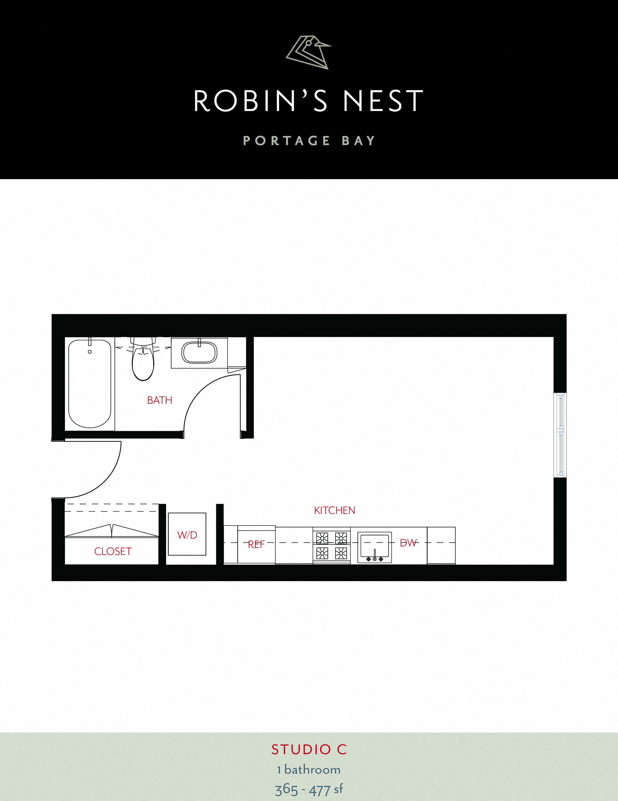 Floor plan for studio, 1 bath, 366 sqft